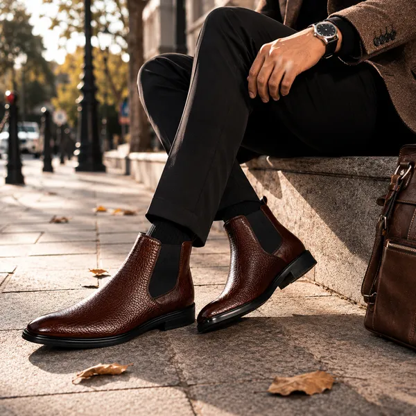 100%_Pure_Leather_Dark_Brown_Textured_Leather_Slip_On_Chelsea_Boots_For_Men