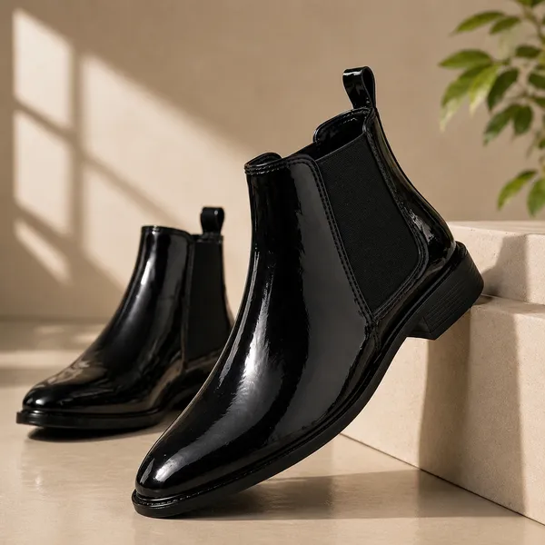 100%_Pure_Leather_BELIEVE_Men's_Black_Plain_Patent_Chelsea