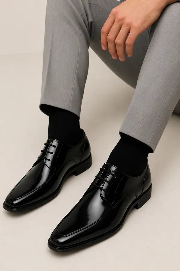 100%_Pure_Leather_Black_Patent_Leather_Lace_Up_Derby_Shoes_For_Men