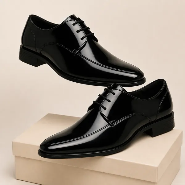 100%_Pure_Leather_Black_Patent_Leather_Lace_Up_Derby_Shoes_For_Men