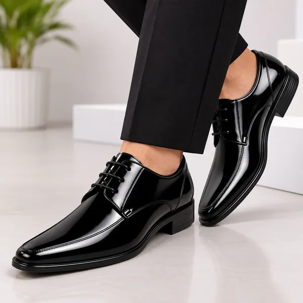 100%_Pure_Leather_Black_Patent_Leather_Lace_Up_Derby_Shoes_For_Men