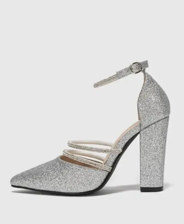 Silver_Glitter_Block_Heels_With_Ankle_Strap_Pointed_Toe_Pumps_For_Women