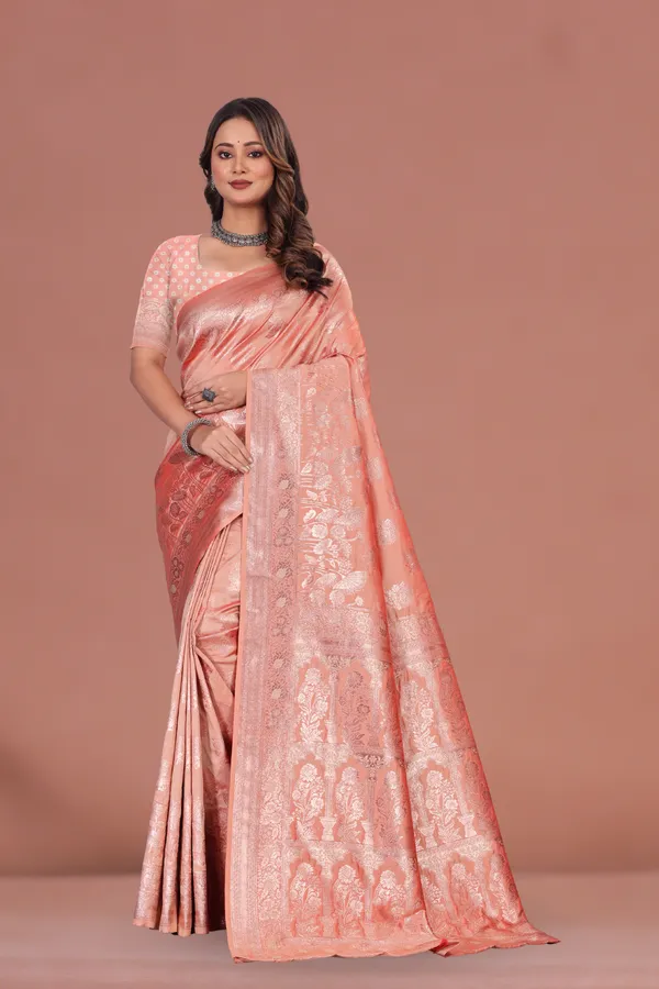 Elegant_Peach_Banarasi_Silk_Saree_with_Intricate_Silver_Zari_Weaving_Wedding_&_Festive_Wear