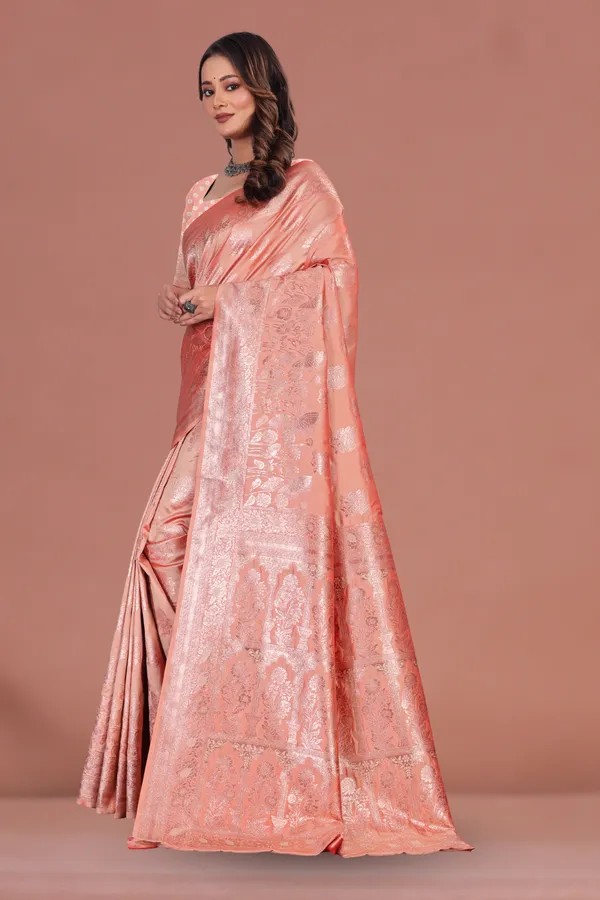Elegant_Peach_Banarasi_Silk_Saree_with_Intricate_Silver_Zari_Weaving_Wedding_&_Festive_Wear