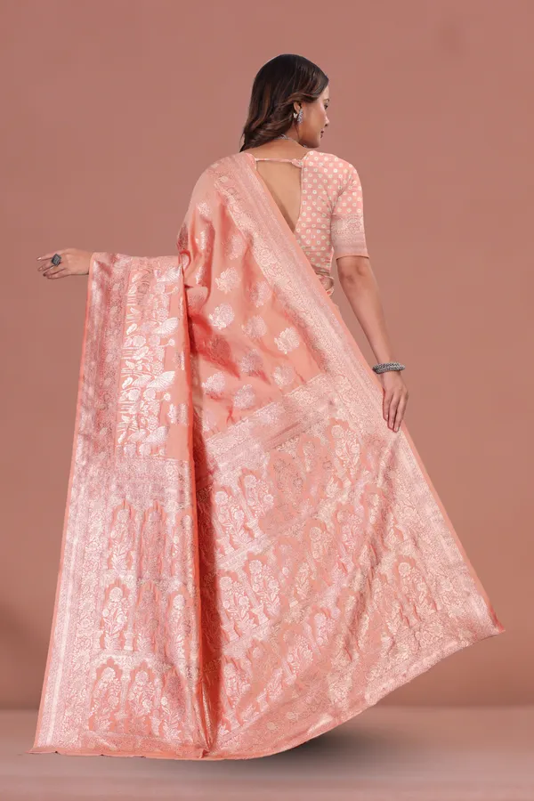 Elegant_Peach_Banarasi_Silk_Saree_with_Intricate_Silver_Zari_Weaving_Wedding_&_Festive_Wear