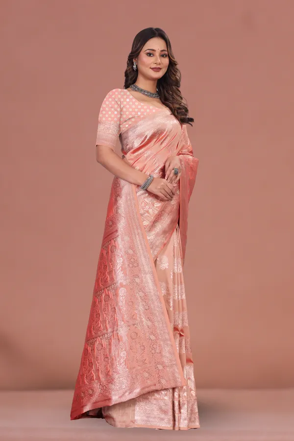 Elegant_Peach_Banarasi_Silk_Saree_with_Intricate_Silver_Zari_Weaving_Wedding_&_Festive_Wear