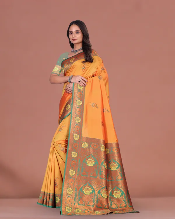 Lemon_Yellow_Mustard_Silk_Saree_with_Contrast_Green_Border_and_Zari_Floral_Weaving