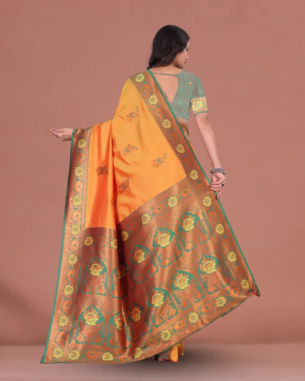 Lemon_Yellow_Mustard_Silk_Saree_with_Contrast_Green_Border_and_Zari_Floral_Weaving