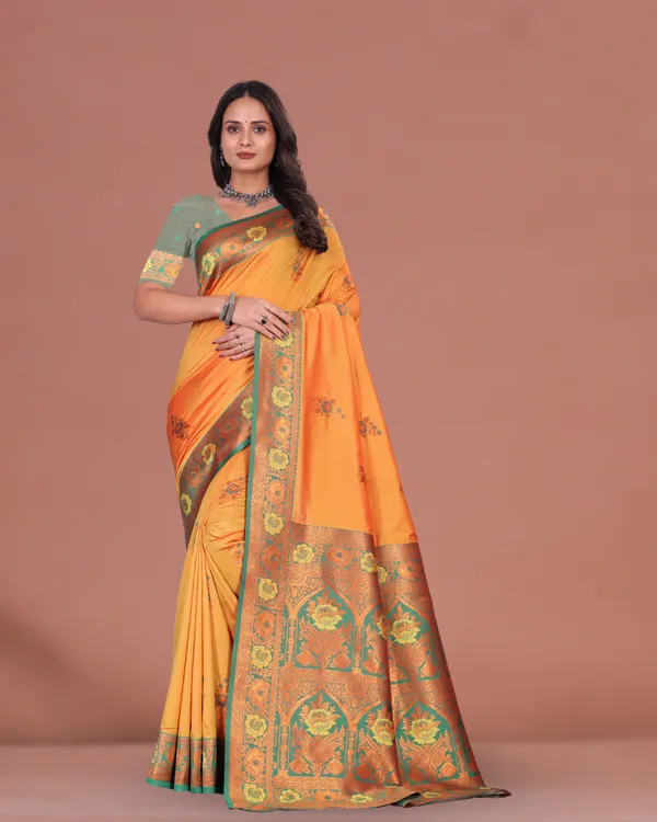 Lemon_Yellow_Mustard_Silk_Saree_with_Contrast_Green_Border_and_Zari_Floral_Weaving