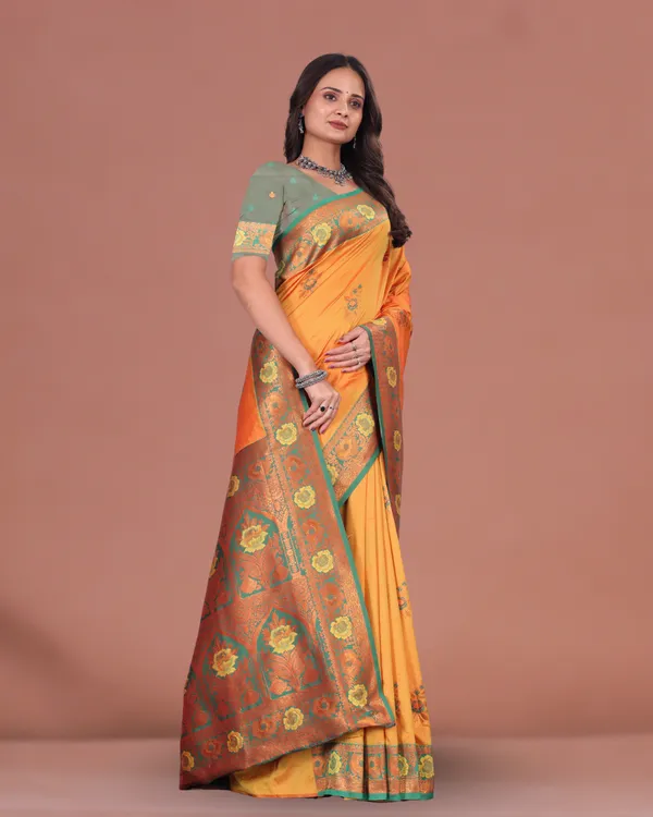 Lemon_Yellow_Mustard_Silk_Saree_with_Contrast_Green_Border_and_Zari_Floral_Weaving