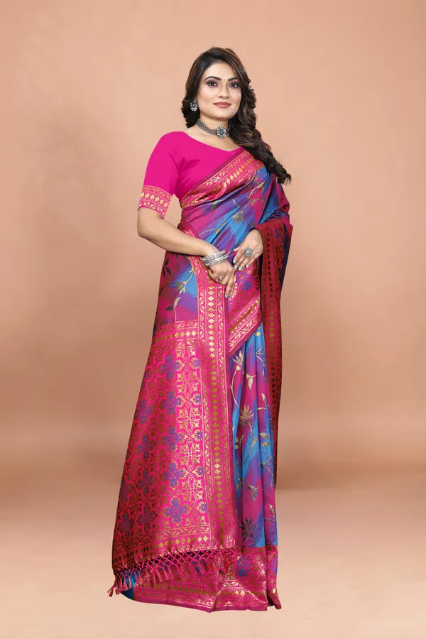 Pink_&_Blue_Banarasi_Soft_Silk_Saree_with_Golden_Zari_Floral_Pallu