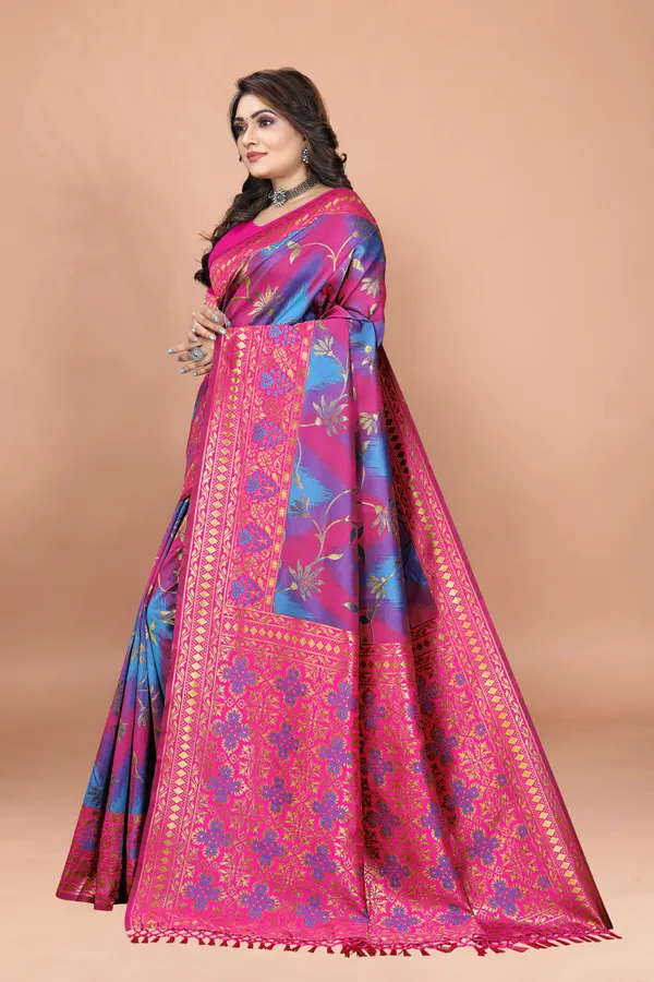 Pink_&_Blue_Banarasi_Soft_Silk_Saree_with_Golden_Zari_Floral_Pallu
