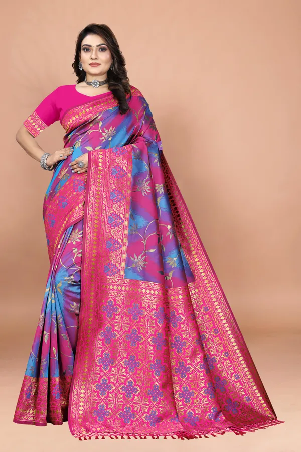 Pink_&_Blue_Banarasi_Soft_Silk_Saree_with_Golden_Zari_Floral_Pallu