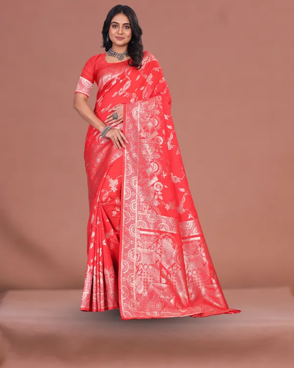 Elegant_light_Red_Banarasi_Silk_Saree_with_Intricate_Silver_Zari_Work_Traditional_Indian_Wedding_Wear