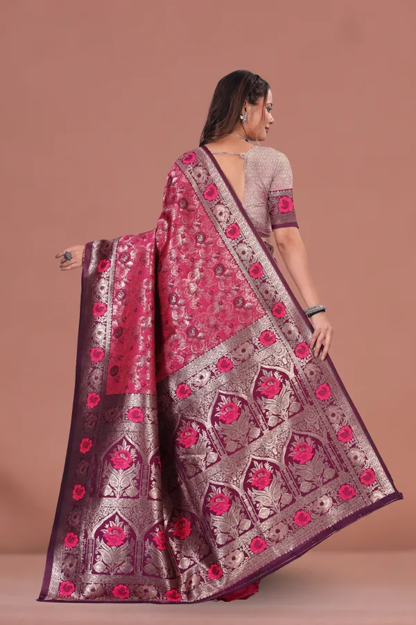 Elegant_Wine_Banarasi_Silk_Saree_with_Floral_Zari_&_Contrast_Border