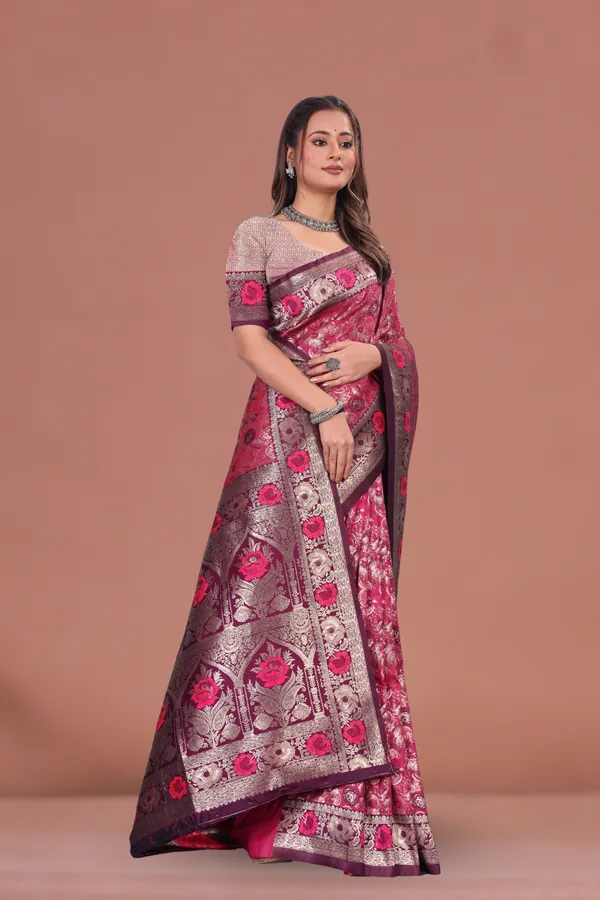 Elegant_Wine_Banarasi_Silk_Saree_with_Floral_Zari_&_Contrast_Border