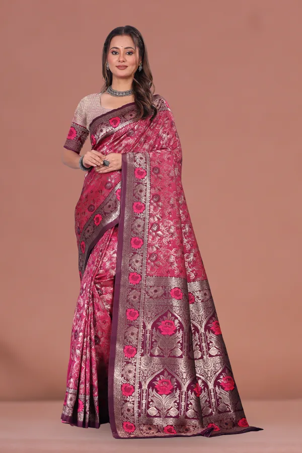 Elegant_Wine_Banarasi_Silk_Saree_with_Floral_Zari_&_Contrast_Border