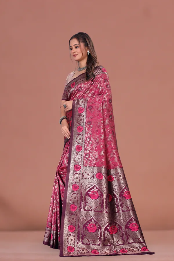 Elegant_Wine_Banarasi_Silk_Saree_with_Floral_Zari_&_Contrast_Border