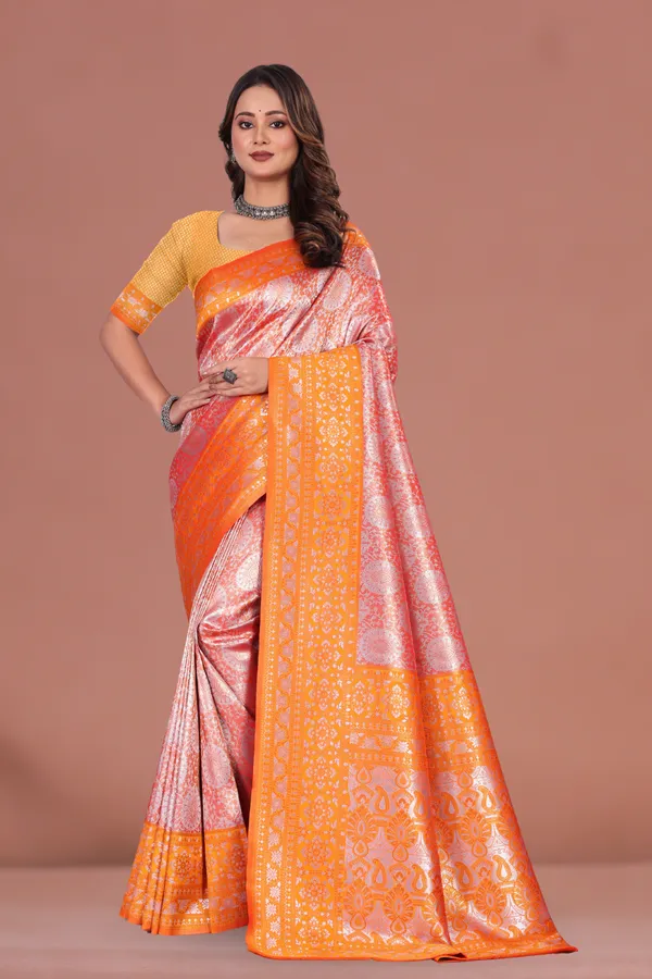 Vibrant_Orange-Pink_Banarasi_Silk_Saree_with_Golden_Zari_Border_for_Festive_&_Wedding_Wear