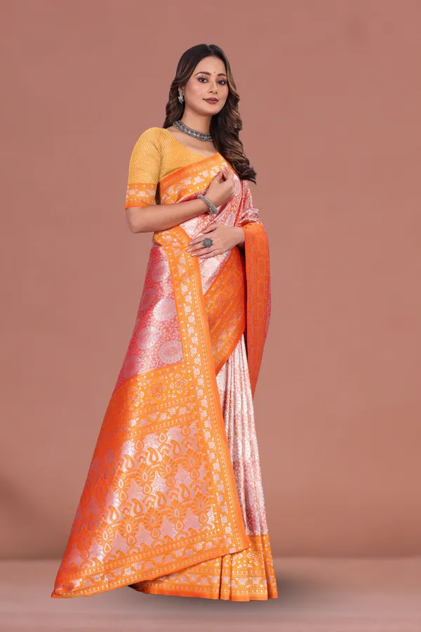 Vibrant_Orange-Pink_Banarasi_Silk_Saree_with_Golden_Zari_Border_for_Festive_&_Wedding_Wear