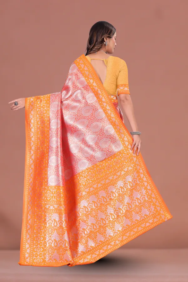 Vibrant_Orange-Pink_Banarasi_Silk_Saree_with_Golden_Zari_Border_for_Festive_&_Wedding_Wear