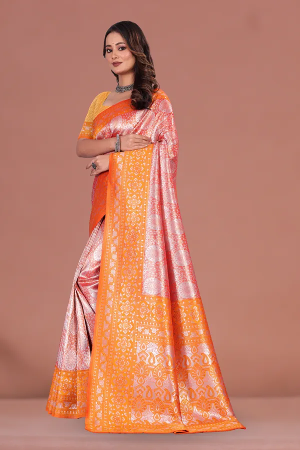 Vibrant_Orange-Pink_Banarasi_Silk_Saree_with_Golden_Zari_Border_for_Festive_&_Wedding_Wear