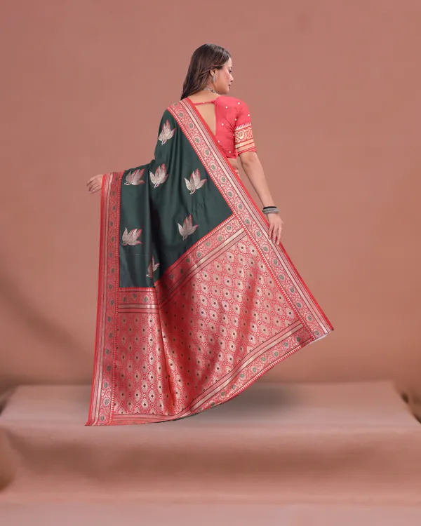 Elegant_Dark_Green_Banarasi_Silk_Saree_with_Red_Zari_Border