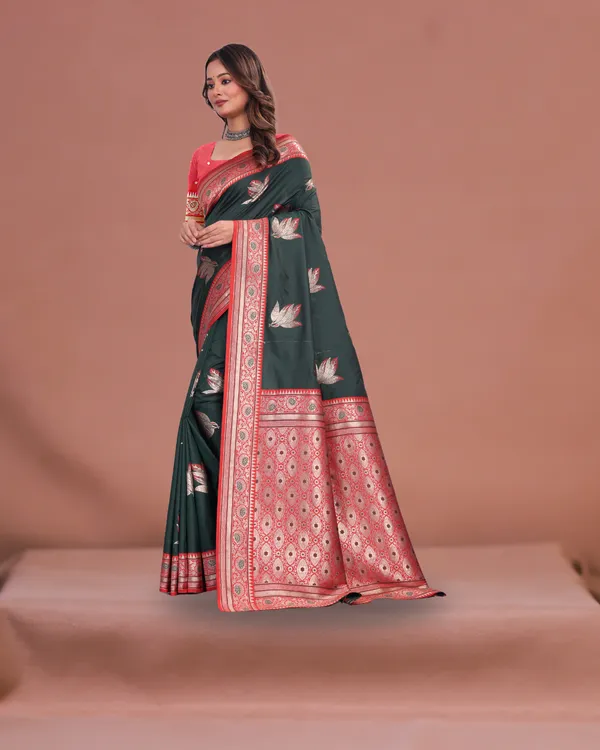 Elegant_Dark_Green_Banarasi_Silk_Saree_with_Red_Zari_Border