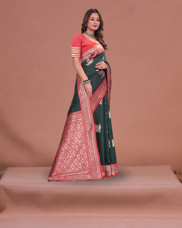 Elegant_Dark_Green_Banarasi_Silk_Saree_with_Red_Zari_Border