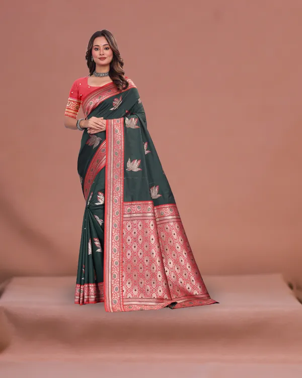 Elegant_Dark_Green_Banarasi_Silk_Saree_with_Red_Zari_Border