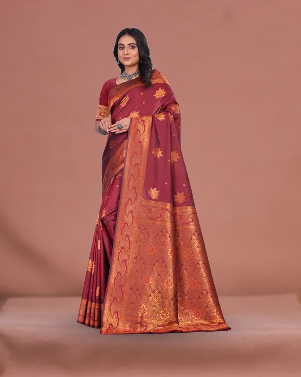 Royal_Maroon_Banarasi_Silk_Saree_with_Golden_Zari_Weaving_and_Traditional_Floral_Motifs