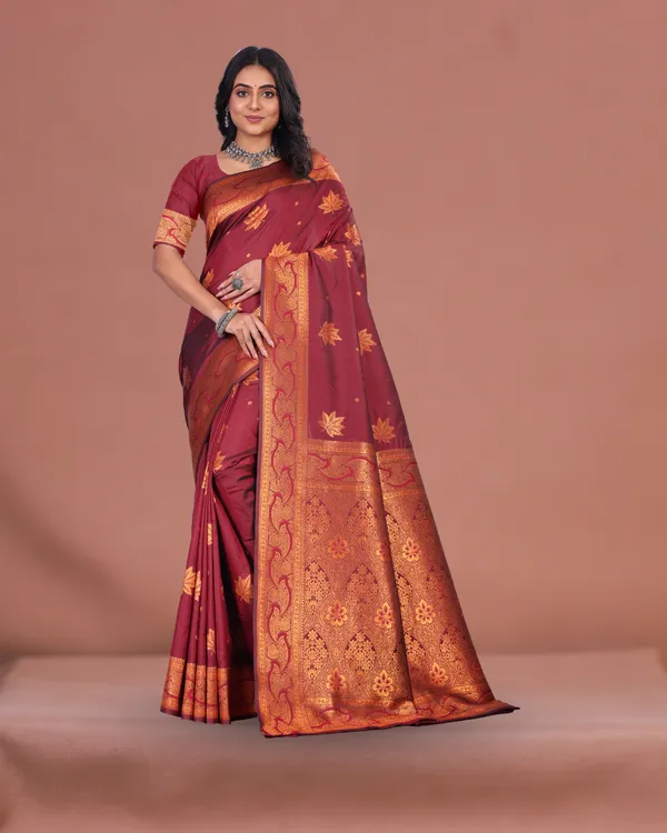 Royal_Maroon_Banarasi_Silk_Saree_with_Golden_Zari_Weaving_and_Traditional_Floral_Motifs
