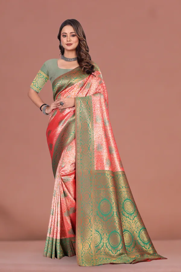 Traditional_Green_&_Coral_Banarasi_Silk_Saree_with_Rich_Golden_Zari_Weaving_Wedding_&_Festive_Wear