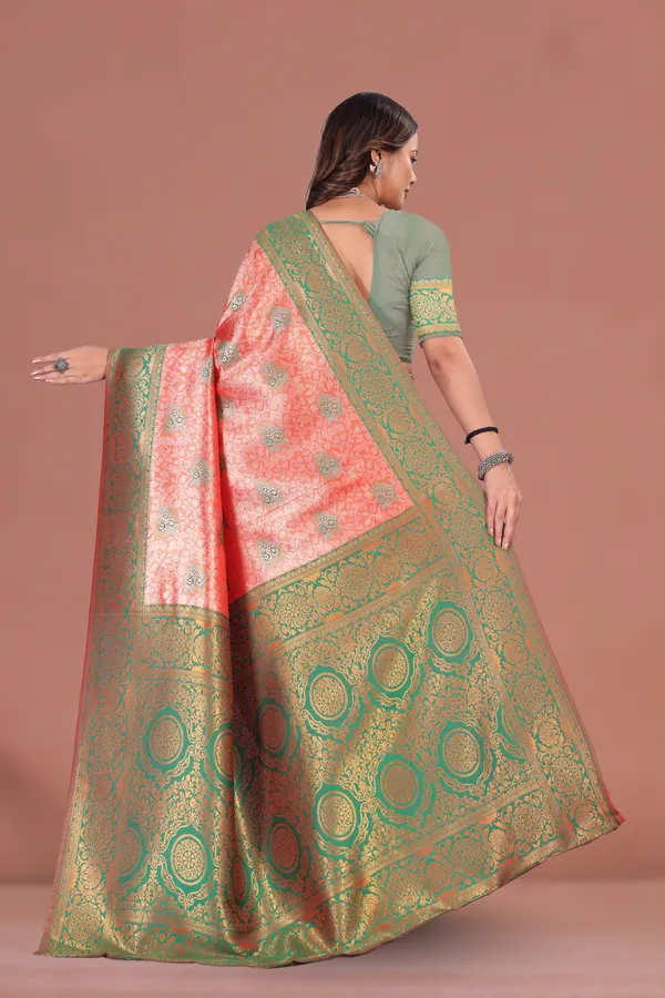 Traditional_Green_&_Coral_Banarasi_Silk_Saree_with_Rich_Golden_Zari_Weaving_Wedding_&_Festive_Wear