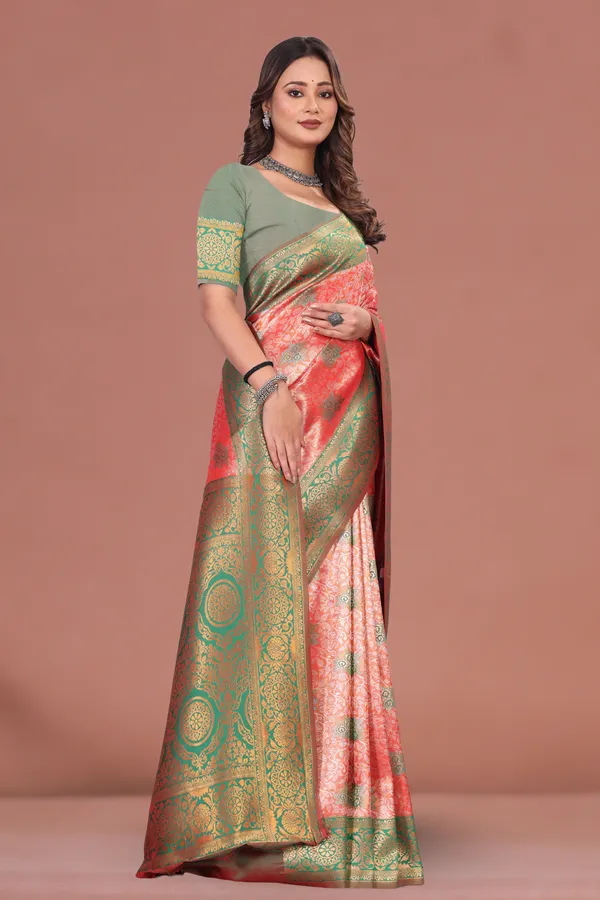 Traditional_Green_&_Coral_Banarasi_Silk_Saree_with_Rich_Golden_Zari_Weaving_Wedding_&_Festive_Wear
