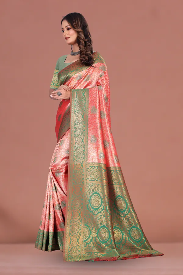 Traditional_Green_&_Coral_Banarasi_Silk_Saree_with_Rich_Golden_Zari_Weaving_Wedding_&_Festive_Wear
