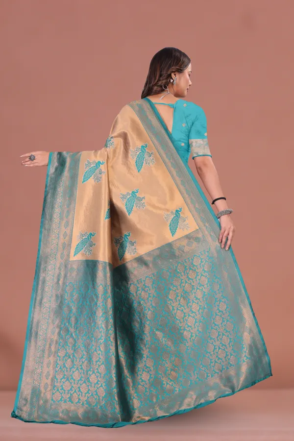 Elegant_Beige_&_Teal_Banarasi_Silk_Saree_with_Peacock_Motif_and_Rich_Zari_Border_Wedding_&_Festive_Wear