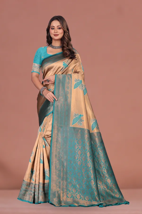 Elegant_Beige_&_Teal_Banarasi_Silk_Saree_with_Peacock_Motif_and_Rich_Zari_Border_Wedding_&_Festive_Wear