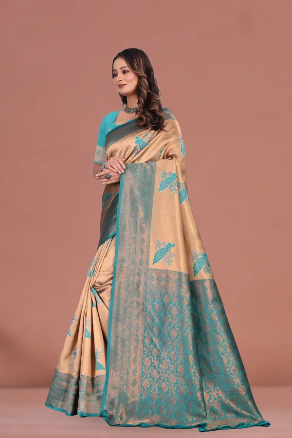 Elegant_Beige_&_Teal_Banarasi_Silk_Saree_with_Peacock_Motif_and_Rich_Zari_Border_Wedding_&_Festive_Wear