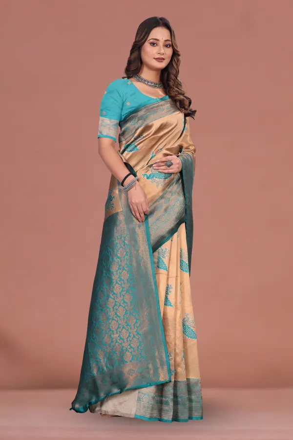 Elegant_Beige_&_Teal_Banarasi_Silk_Saree_with_Peacock_Motif_and_Rich_Zari_Border_Wedding_&_Festive_Wear