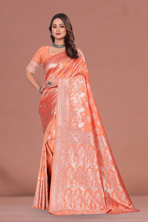 Traditional_Orange_Banarasi_Silk_Saree_with_Silver_Zari_Work_for_Weddings_&_Festive_Wear