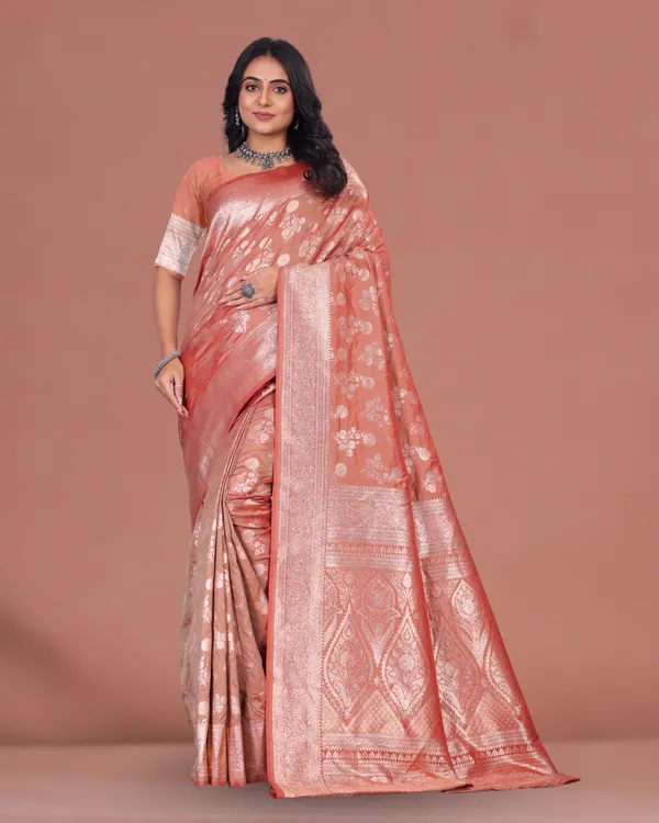 Peach_Pink_Banarasi_Silk_Saree_with_Silver_Zari_Work