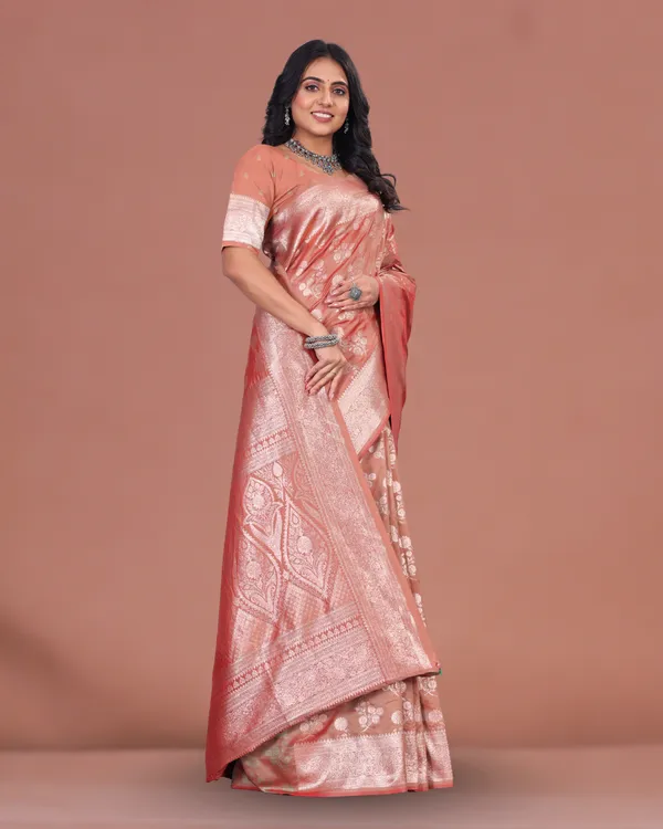 Peach_Pink_Banarasi_Silk_Saree_with_Silver_Zari_Work