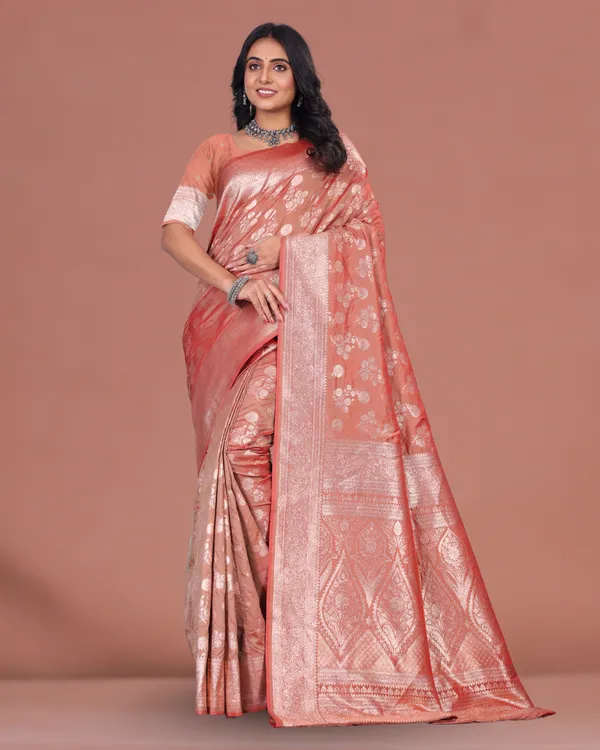 Peach_Pink_Banarasi_Silk_Saree_with_Silver_Zari_Work