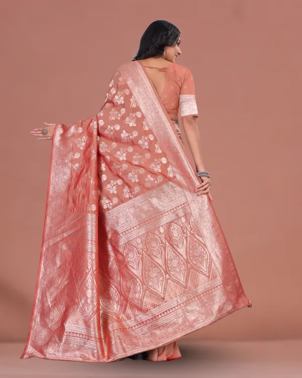 Peach_Pink_Banarasi_Silk_Saree_with_Silver_Zari_Work