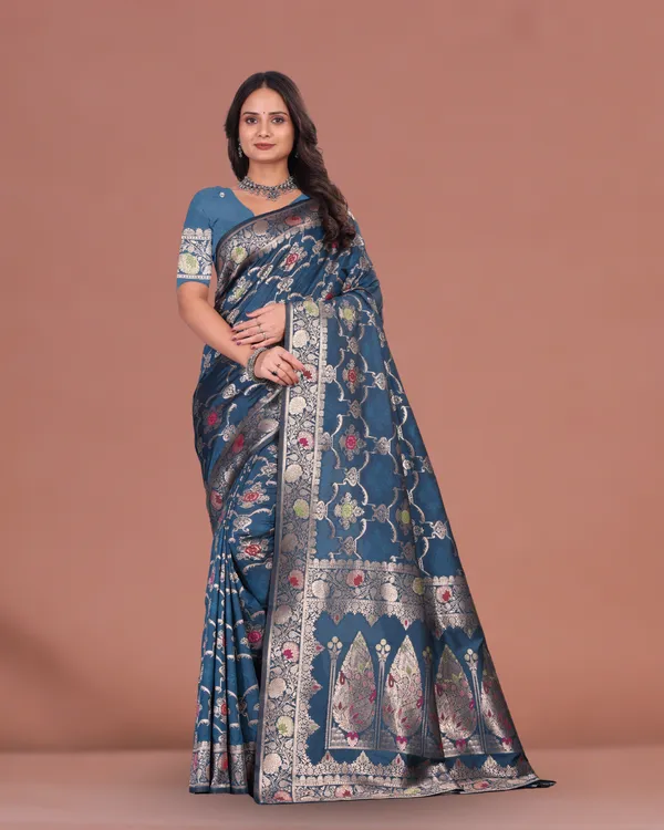Elegant_Blue_Banarasi_Silk_Saree_with_Silver_Zari_&_Contrast_Blouse