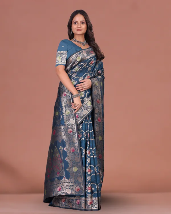 Elegant_Blue_Banarasi_Silk_Saree_with_Silver_Zari_&_Contrast_Blouse
