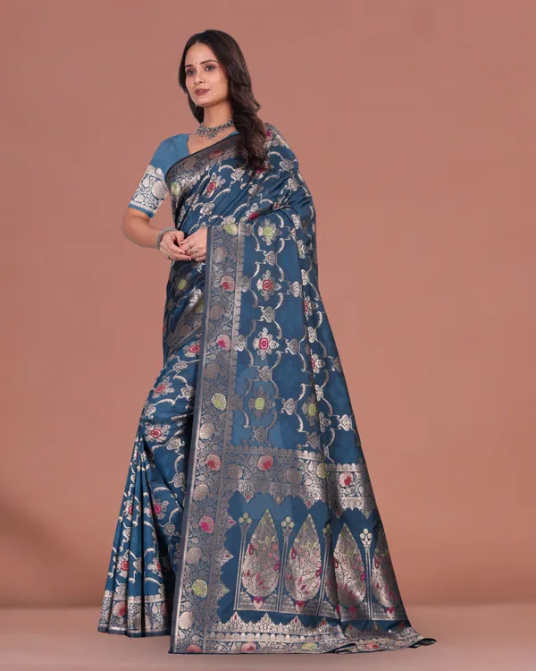Elegant_Blue_Banarasi_Silk_Saree_with_Silver_Zari_&_Contrast_Blouse