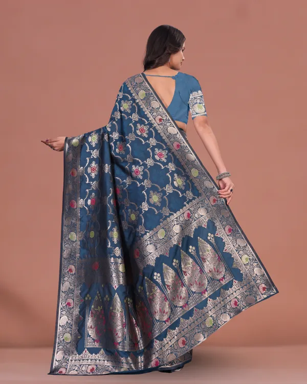 Elegant_Blue_Banarasi_Silk_Saree_with_Silver_Zari_&_Contrast_Blouse