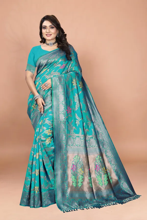 Mint_Green_Banarasi_Soft_Silk_Saree_with_Multicolor_Zari_Floral_Pallu